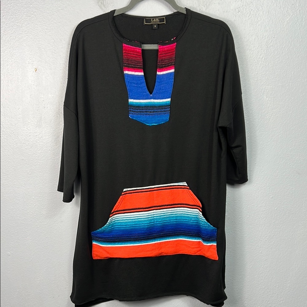 L&B Lucky & Blessed Southwestern Blanket Detail Black Tunic Mini Dress Small